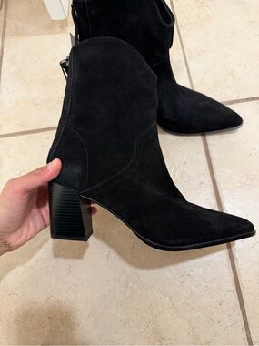 Zara Women's Black Real Leather Suede Pointed Block Heel Ankle Boots